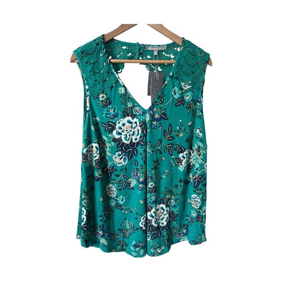 NWT Daniel Rainn Green Floral Pullover V-Neck Sleeveless Crochet Open Back Top - Picture 5 of 11